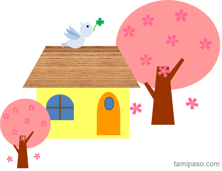家と桜そして鳥